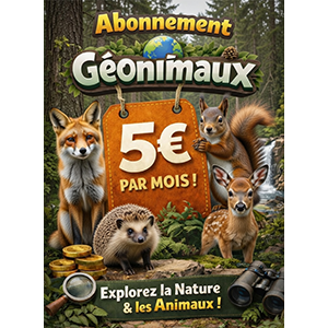 Affiche promotionnelle pour l’abonnement Géonimaux indiquant 5 € par mois, avec un renard, un ourson, un hérisson et un faon dans un décor de forêt, accompagnés de jumelles et d’une loupe, avec le slogan « Explorez la Nature & les Animaux ».