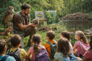 Animateur nature présentant un hérisson à un groupe d’enfants lors d’une activité pédagogique en forêt, près d’une rivière, avec une chouette et un écureuil à proximité.