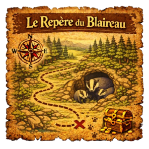 Carte au trésor illustrée intitulée « Le Repère du Blaireau », montrant des blaireaux dans leur terrier au milieu d’une clairière entourée de sapins et de montagnes, avec une boussole, un chemin pointillé menant à une croix rouge et un coffre rempli de pièces d’or.