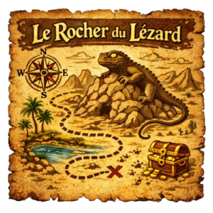 Carte au trésor illustrée intitulée « Le Rocher du Lézard », montrant un grand lézard posé sur un rocher dans un paysage désertique avec montagnes, palmiers et un petit point d’eau, une boussole, un chemin pointillé menant à une croix rouge et un coffre rempli de pièces d’or.