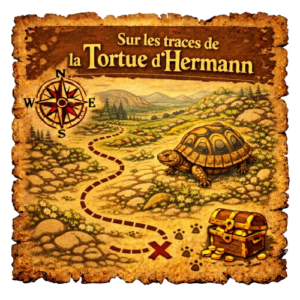 Carte au trésor illustrée intitulée « Sur les traces de la Tortue d’Hermann », montrant une tortue d’Hermann marchant dans un paysage rocheux et vallonné avec des montagnes, une boussole, un chemin pointillé menant à une croix rouge et un coffre rempli de pièces d’or.
